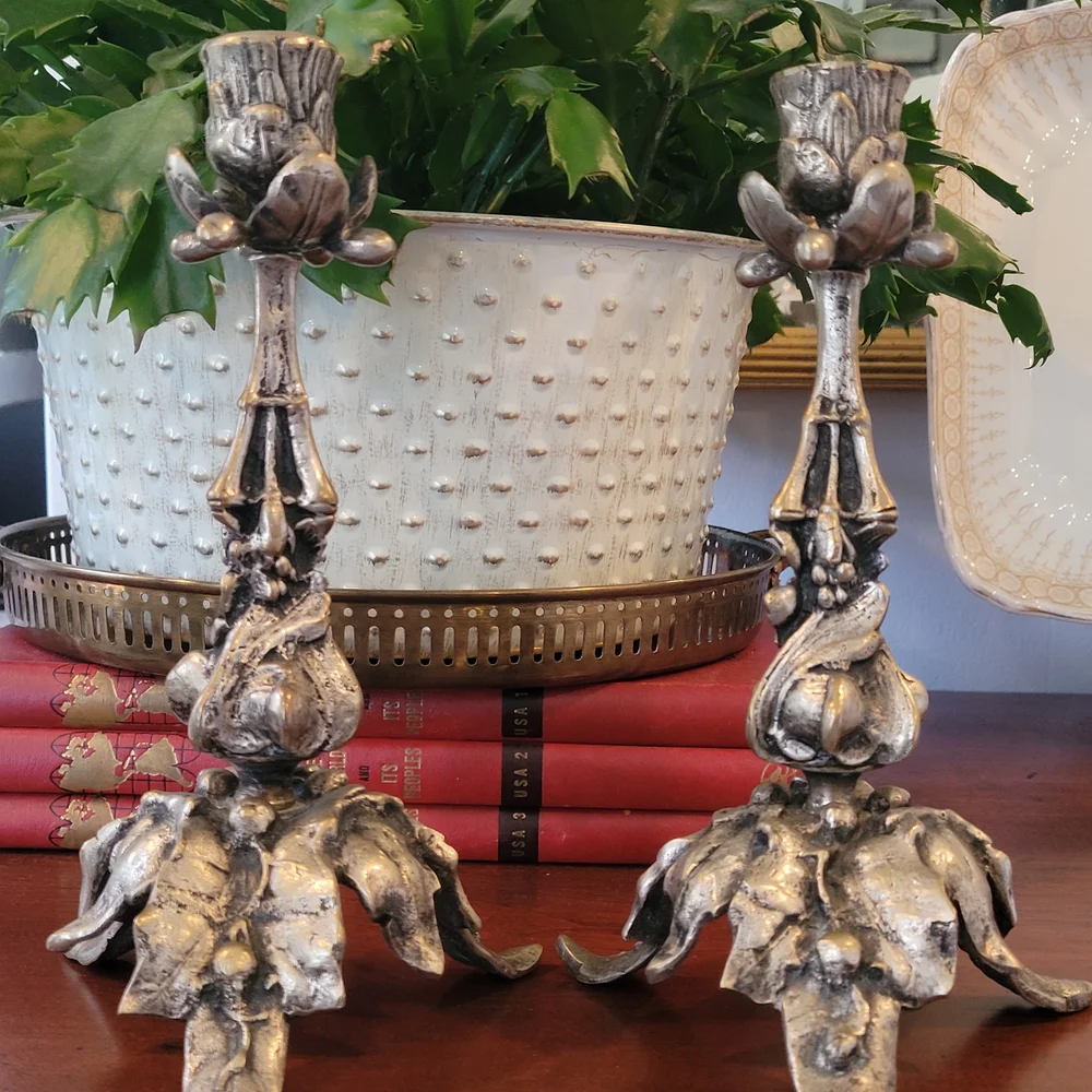 Art Nouveau Floral Vine Antique Bronze Spelter Candlesticks - Picture 1 of 9